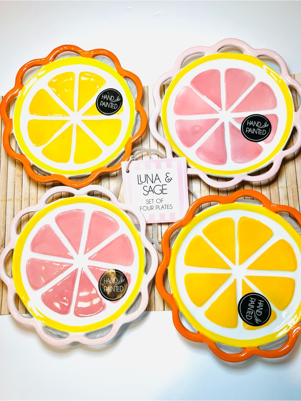 4 Ceramic Citrus Small Plates Scalloped Edges Appetizer Dessert Pink Orange